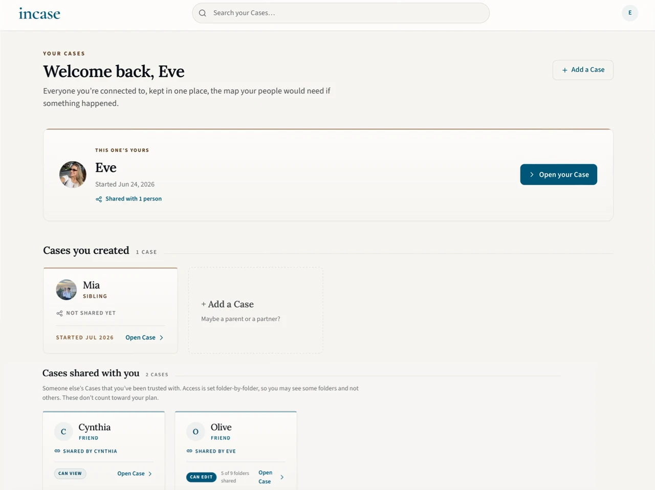 The incase dashboard: Eve's own Case, a Case she created, and Cases shared with her