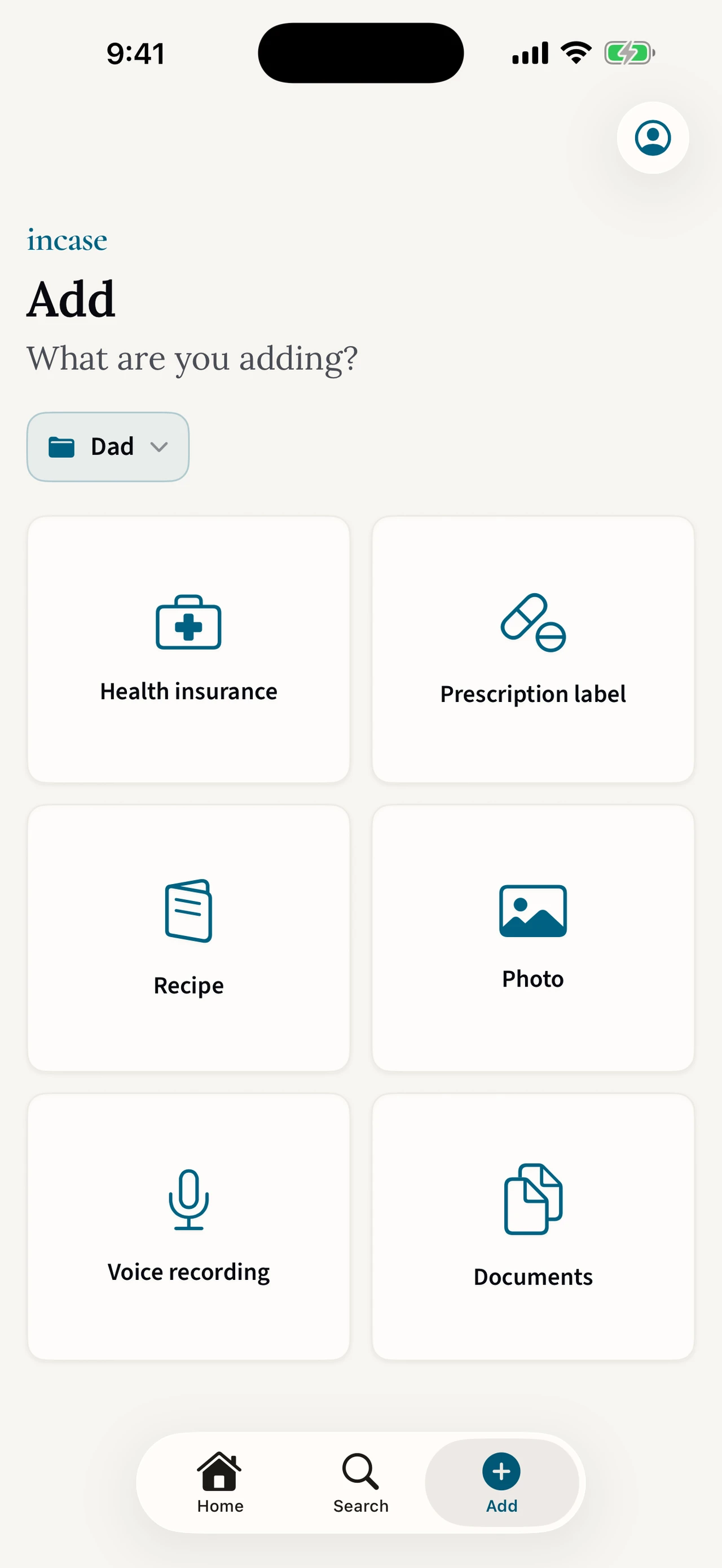 The incase app’s Add screen, showing capture options: health insurance, prescription label, recipe, photo, voice recording, and documents