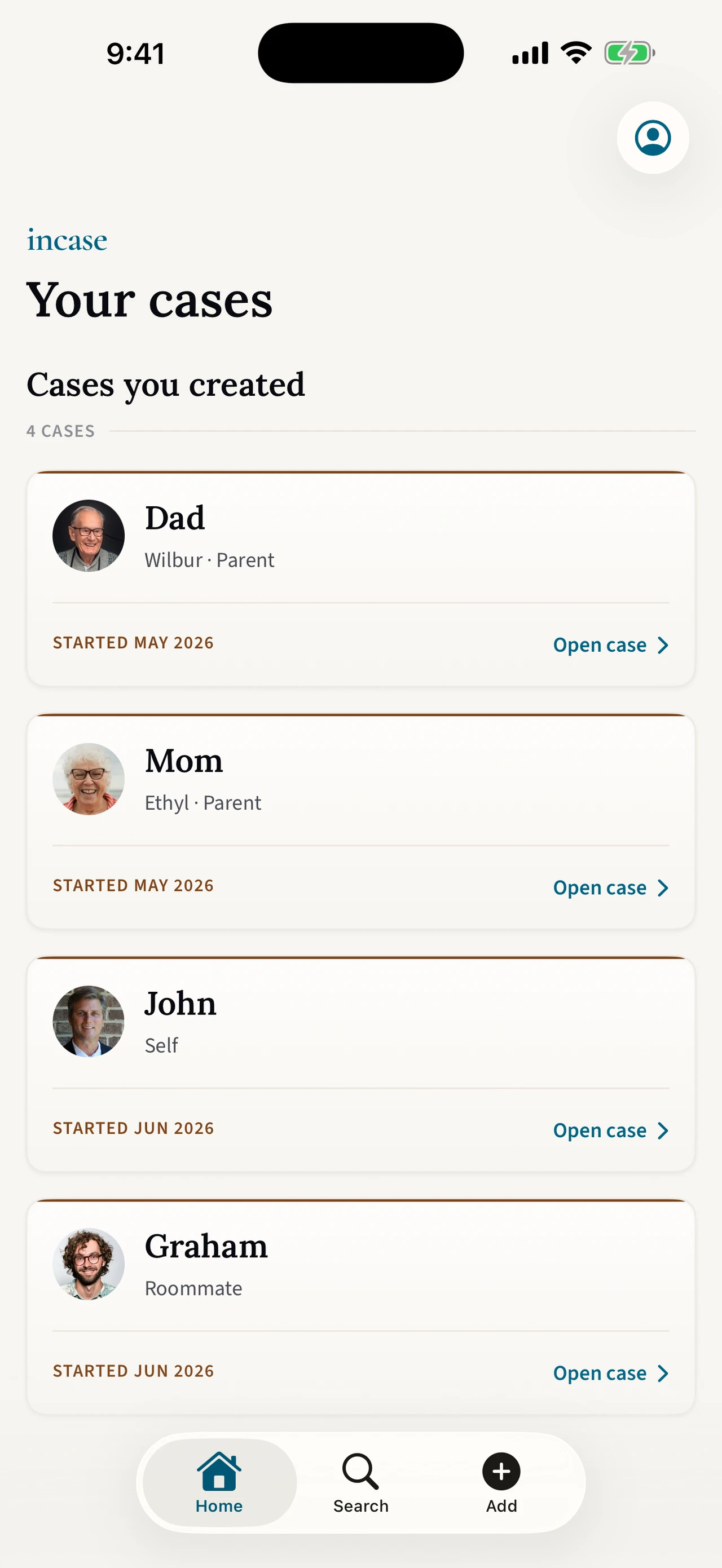 The incase app showing a list of your Cases