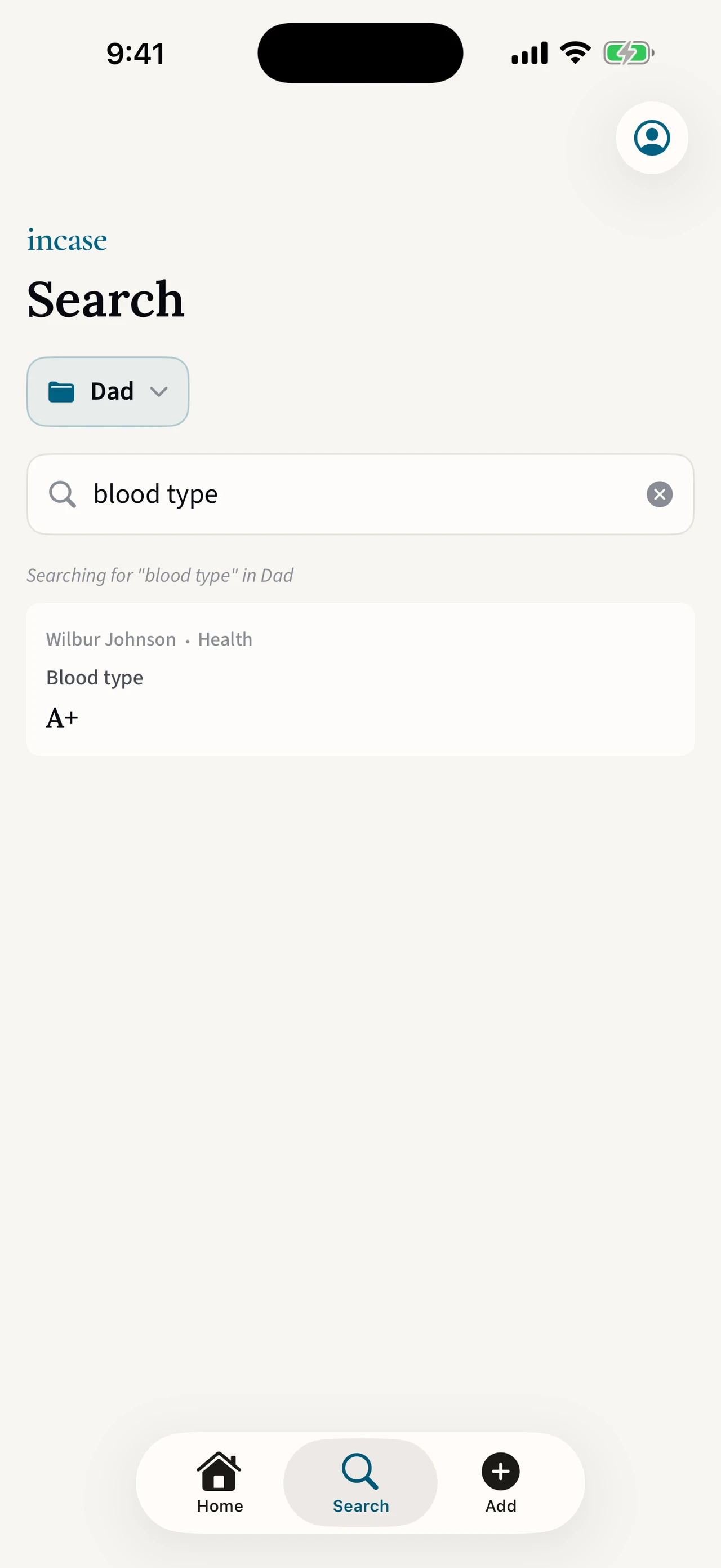 The incase app answering a search for “blood type” with the answer, A positive