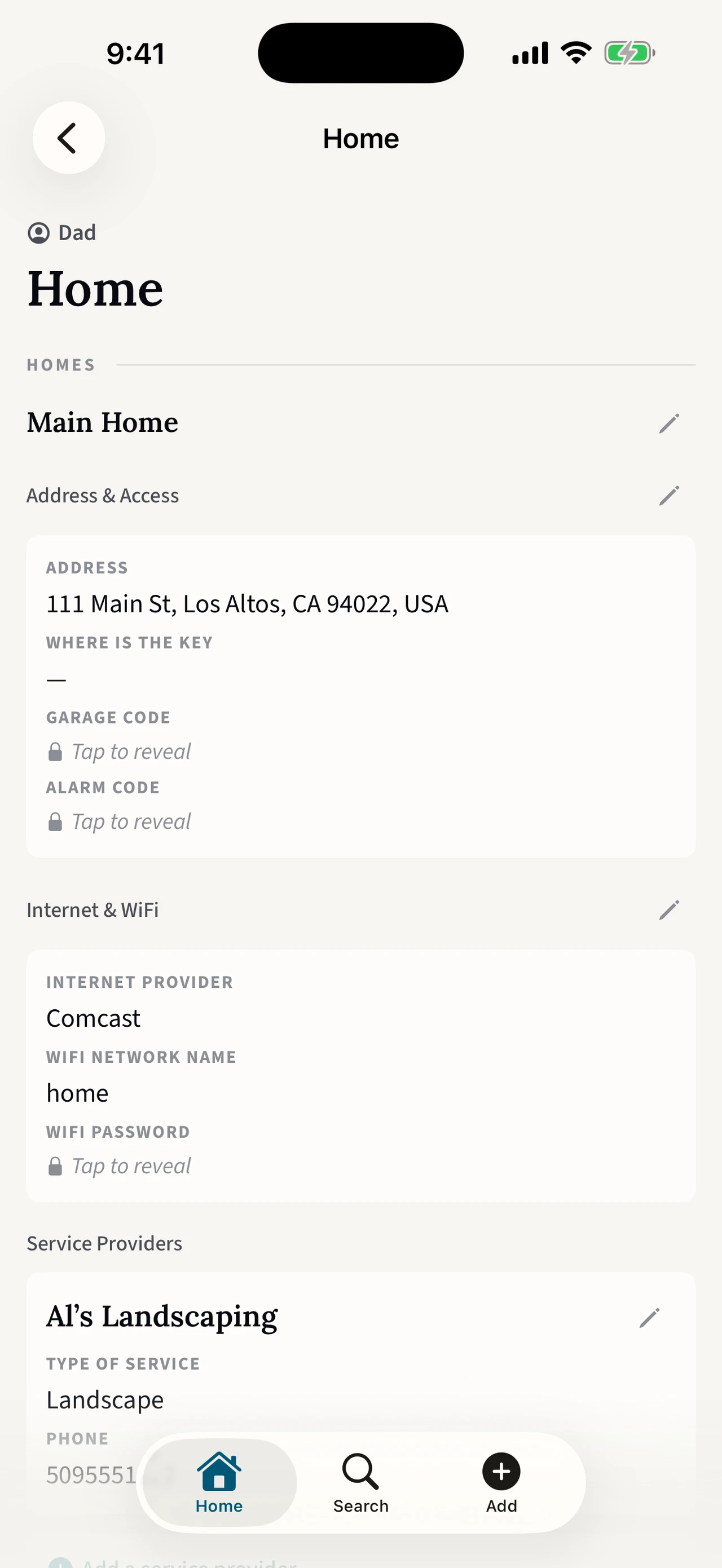 The incase app showing a Home folder where the garage code, alarm code, and Wi-Fi password are hidden behind “Tap to reveal”