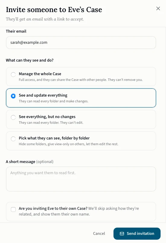 The incase sharing dialog: choosing exactly what someone else can see and do